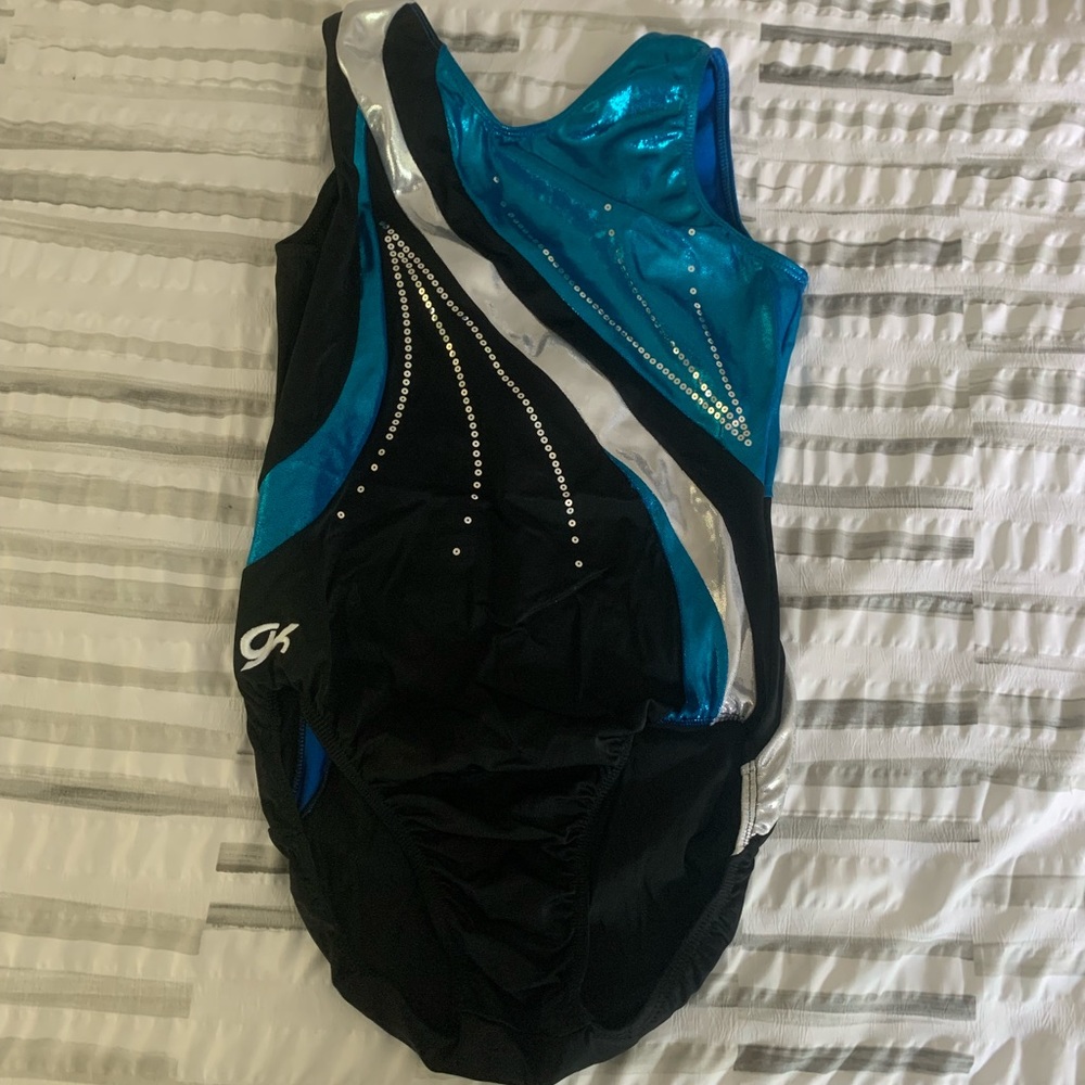 Blue, black, and silver GK leotard in size Adult Large (AL)